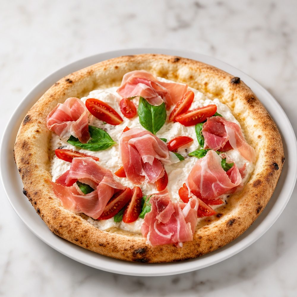 Pizza con crudo e stracciatella dopo il miglioramento