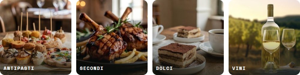 Le categorie del menù con le loro foto: antipasti, secondi, dolci, vini